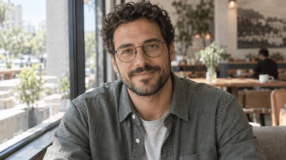 Actual TextRaze output of the café portrait with lens reflections reduced and round metal glasses still present.
