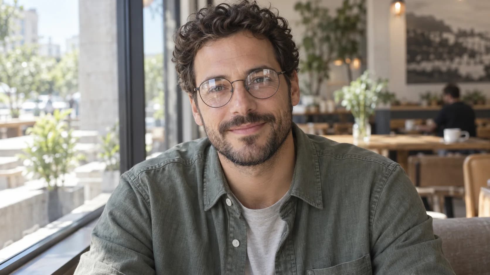Original AI-generated café portrait with window reflections visible on both lenses of round metal glasses.