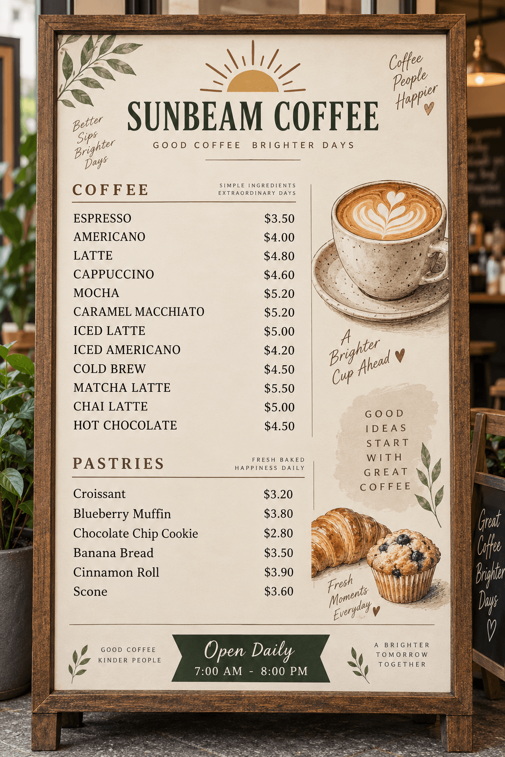 Full generated sample menu before editing, with the MOCHA price selected for replacement.