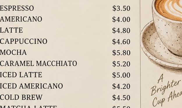 Actual AI-edited menu detail with MOCHA changed to $5.80 while CARAMEL MACCHIATO remains $5.20.