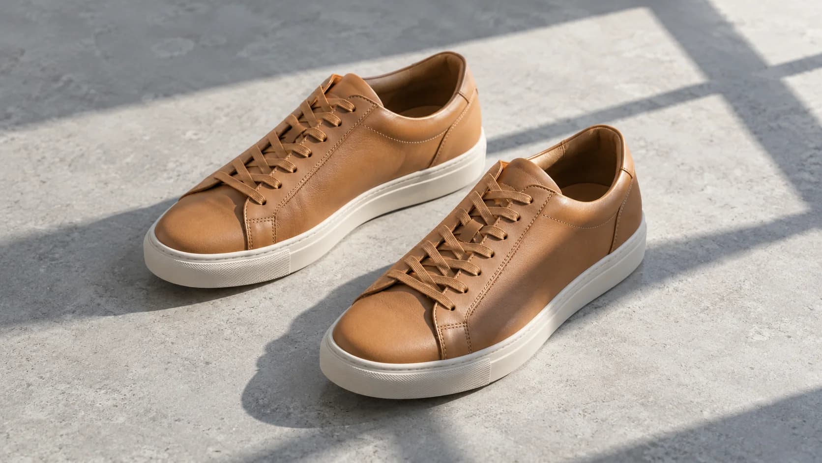Original AI-generated sample of tan shoes with diagonal window shadows across the shoes and concrete.