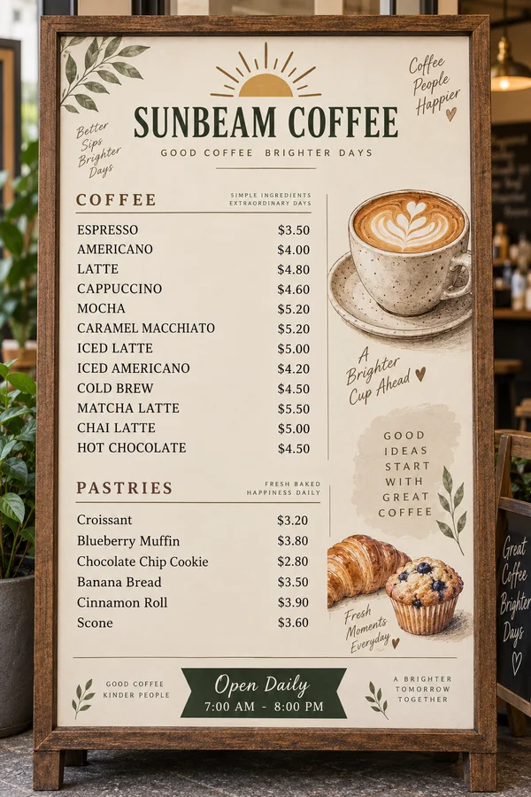 An example coffee menu with names and prices